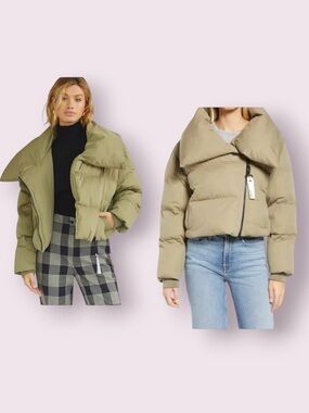 Avec Les Filles Shrunken Crop Puffer Coat Sage Green Size Medium